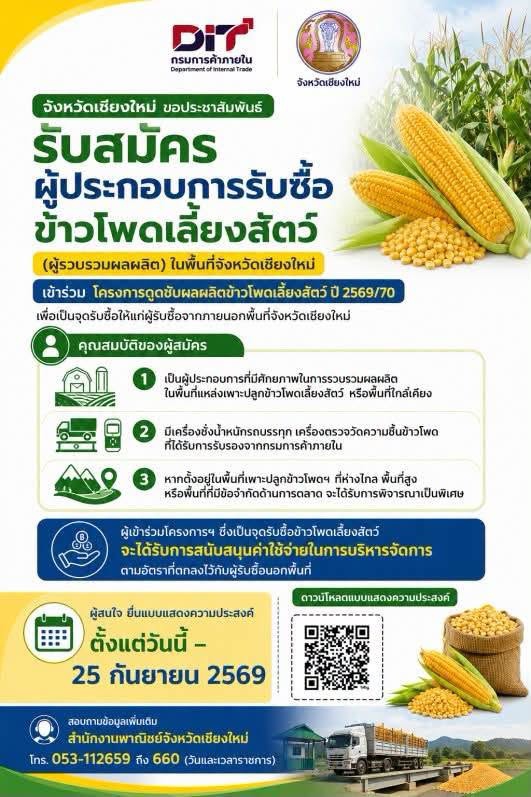 จังหวัดเชียงใหม่ขอเชิญชวนผู้ประกอบการเข้าร่วมโครงการดูดซับผลผลิตข้าวโพดเลี้ยงสัตว์