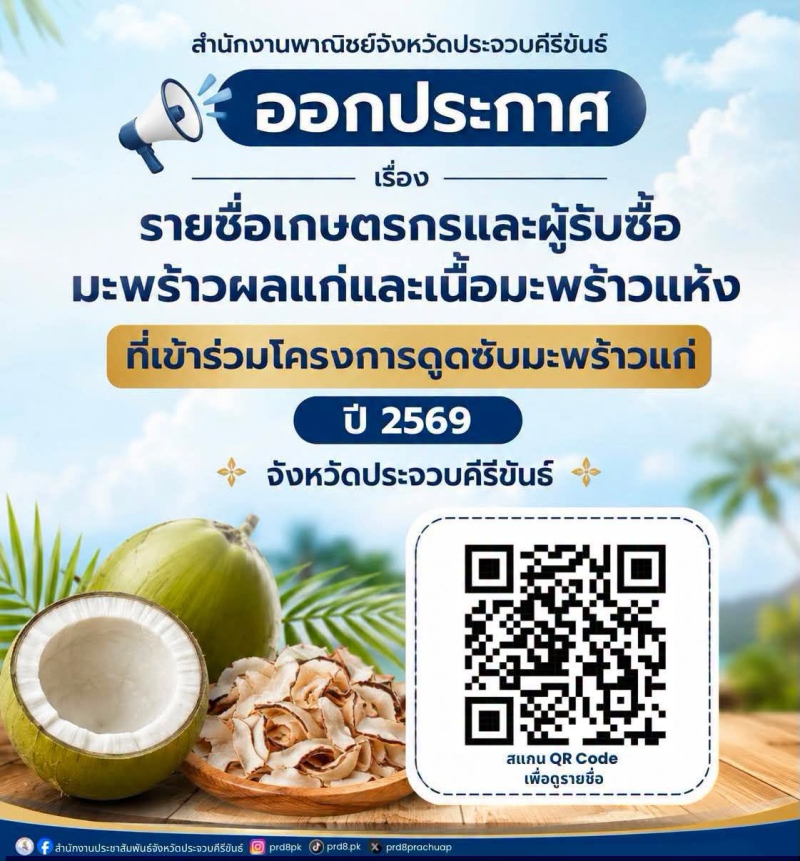 ประกาศรายชื่อเกษตรกรและผู้รับซื้อมะพร้าวผลแก่และเนื้อมะพร้าวแห้ง