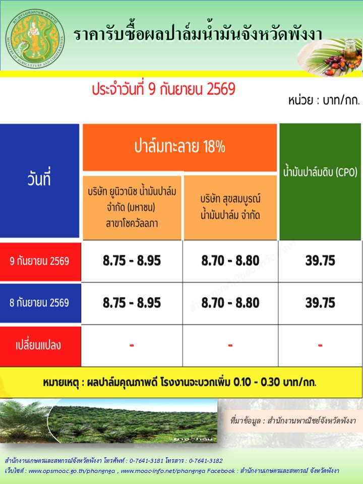 ราคารับซื้อผลปาล์มน้ำมันจังหวัดพังงา