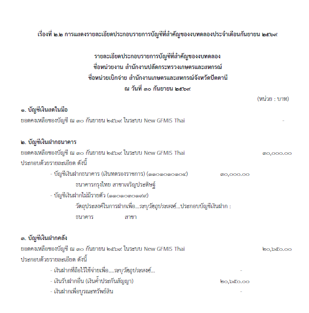 การแสดงรายบะเอียดประกอบรายการบัญชีที่สำคัญของงบทดลองประจำเดือนกันยายน