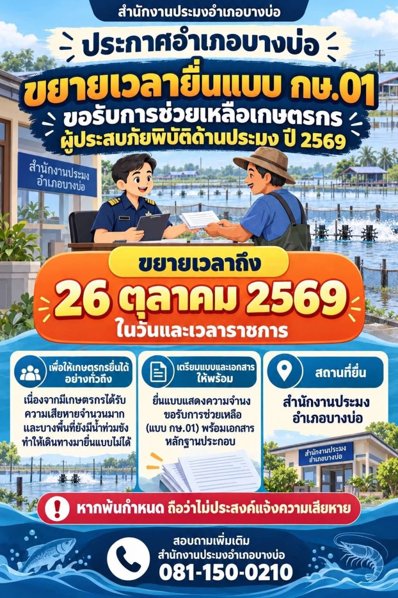 ประกาศอำเภอบางบ่อ ขยายเวลายื่นแบบ กษ.01