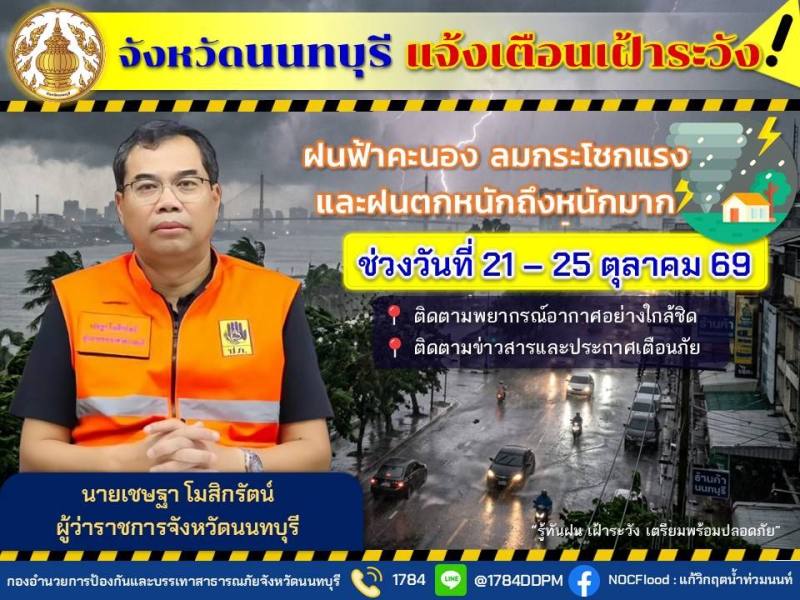 จังหวัดนนทบุรีแจ้งเตือนสถานการณ์ฝนฟ้าคะนอง