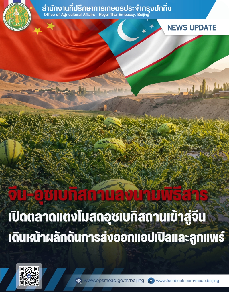 จีน–อุซเบกิสถานลงนามพิธีสารเปิดตลาดแตงโมสดอุซเบกิสถานเข้าสู่จีน