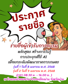 รายชื่อผู้เข้ารับการอบรมหลักสูตรการสร้างการรับรู้การประยุกต์ใช้