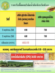 ราคารับซื้อผลปาล์มน้ำมันจังหวัดพังงา