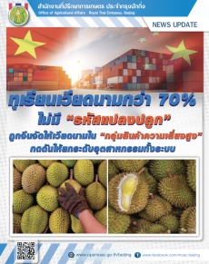 เวียดนามกว่า70%ของทุเรียนไม่มี“รหัสแปลงปลูก”