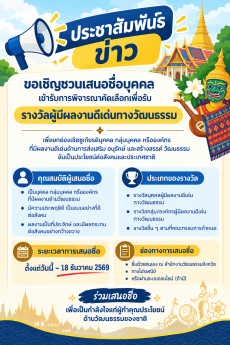 ประชาสัมพันธ์การเสนอชื่อบุคคลเข้ารับการพิจารณาคัดเลือกเพื่อรับรางวัลผู้มีผลงานดีเด่นทางวัฒนธรรม