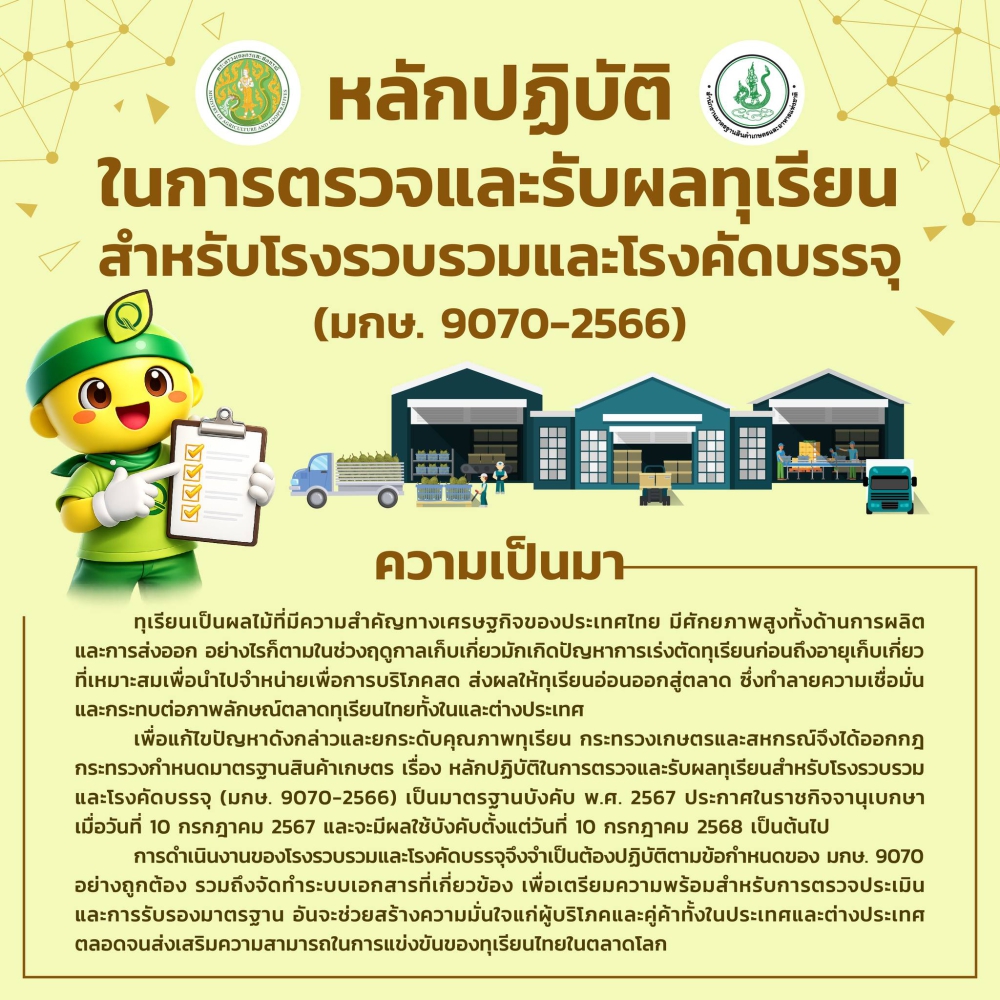 หลักปฏิบัติในการตรวจและรับผลทุเรียนสำหรับโรงรวบรวมและโรงคัดบรรจุ