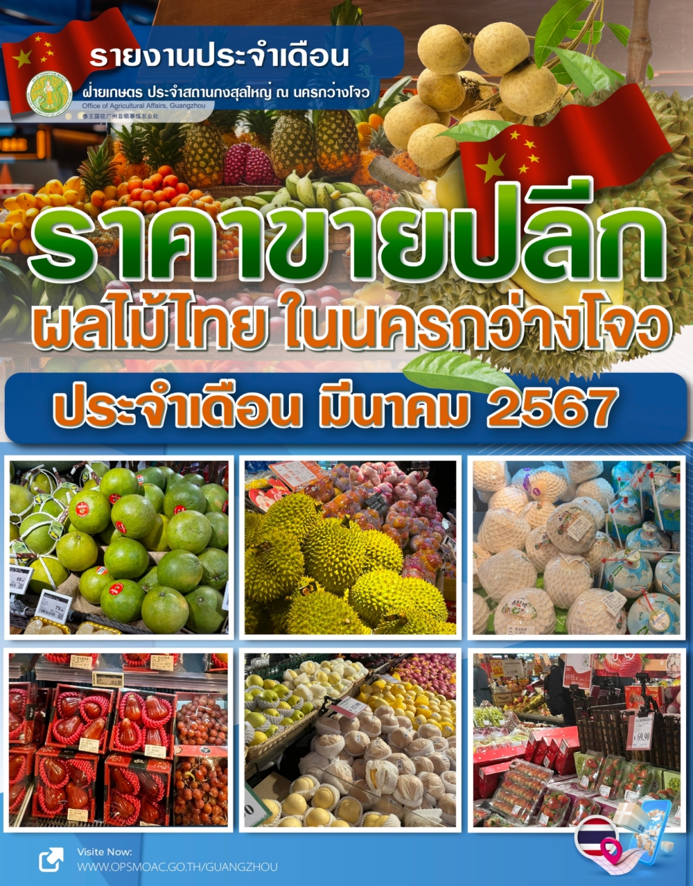 ราคาขายปลีกผลไม้ไทยในนครกว่างโจว ประจำเดือนมีนาคม 2567