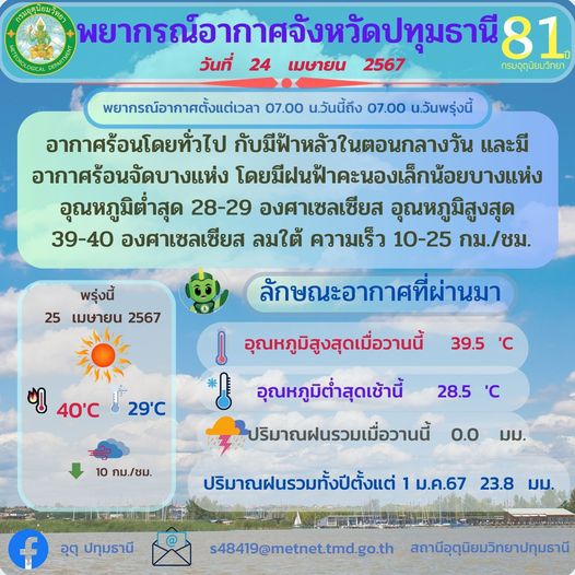 พยากรณ์อากาศจังหวัดปทุมธานี ประจำวันที่ 24 เมษายน 2567