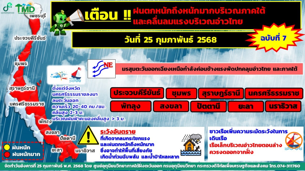 เตือนฝนตกหนักถึงหนักมาบริเวณภาคใต้และคลื่นลมแรงบริเวณอ่าวไทย