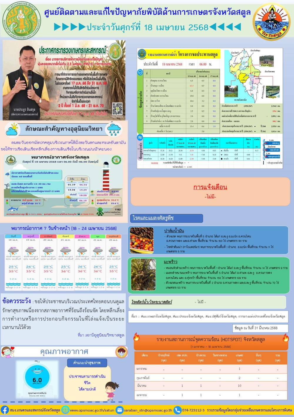 รายงานศูนย์ติดตามและแก้ไขปัญหาภัยพิบัติด้านการเกษตรจังหวัดสตูล