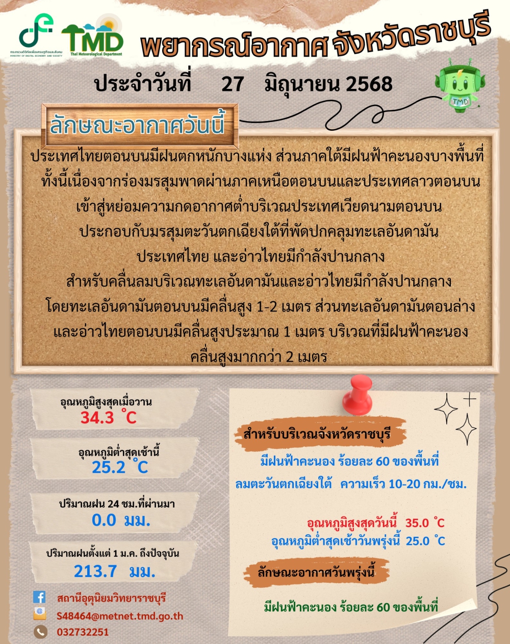 พยากรณ์อากาศจังหวัดราชบุรี ประจำวันที่ 27 มิถุนายน 2568