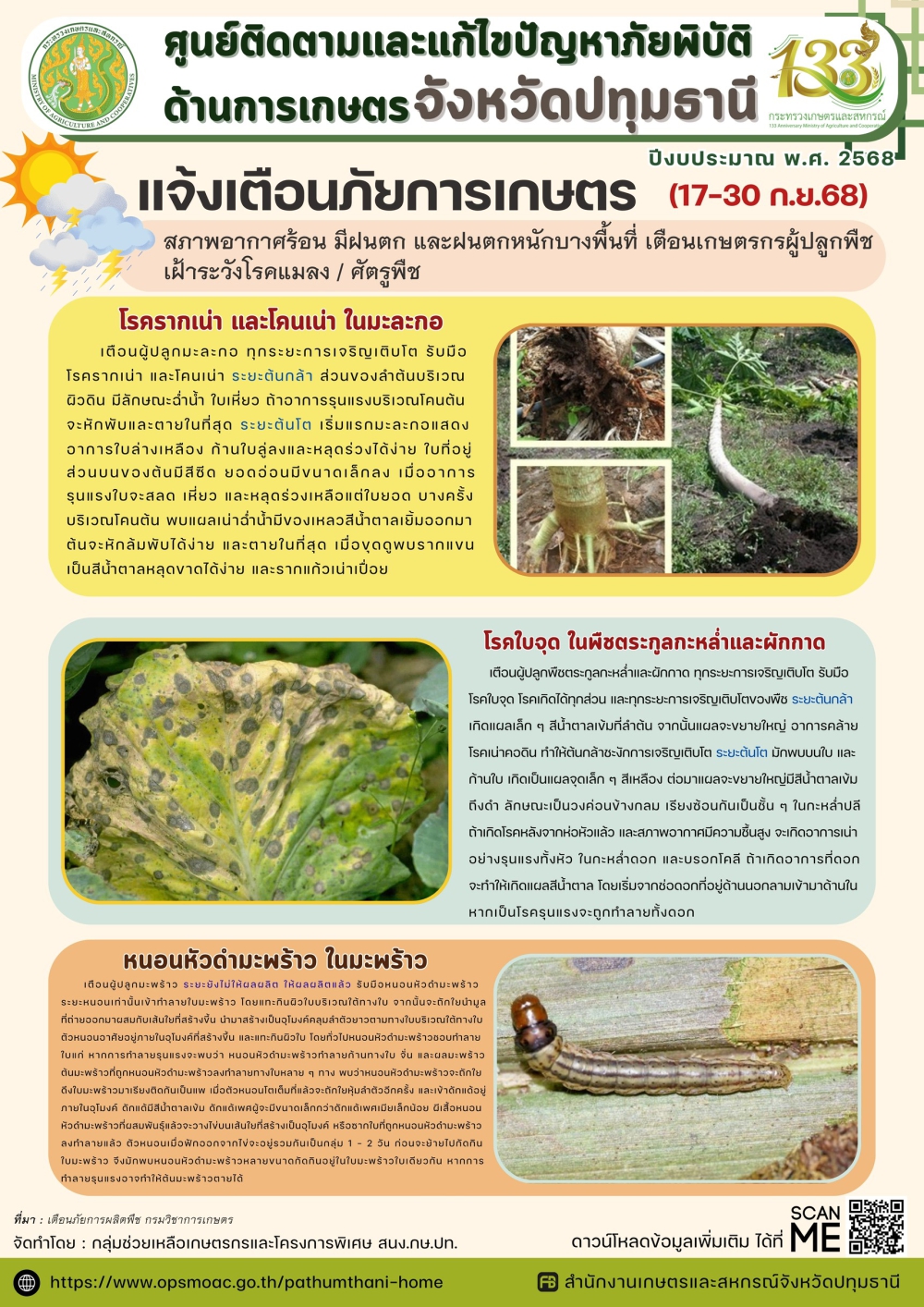 แจ้งเตือนภัยการเกษตร ระหว่างวันที่ 17-30 กันยายน 2568