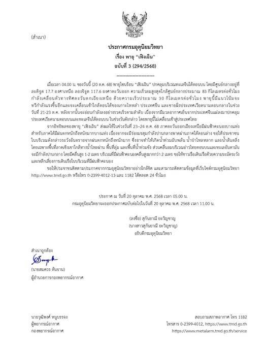 ประกาศกรมอุตุนิยมวิทยา เรื่อง พายุ เฟิงเฉิน