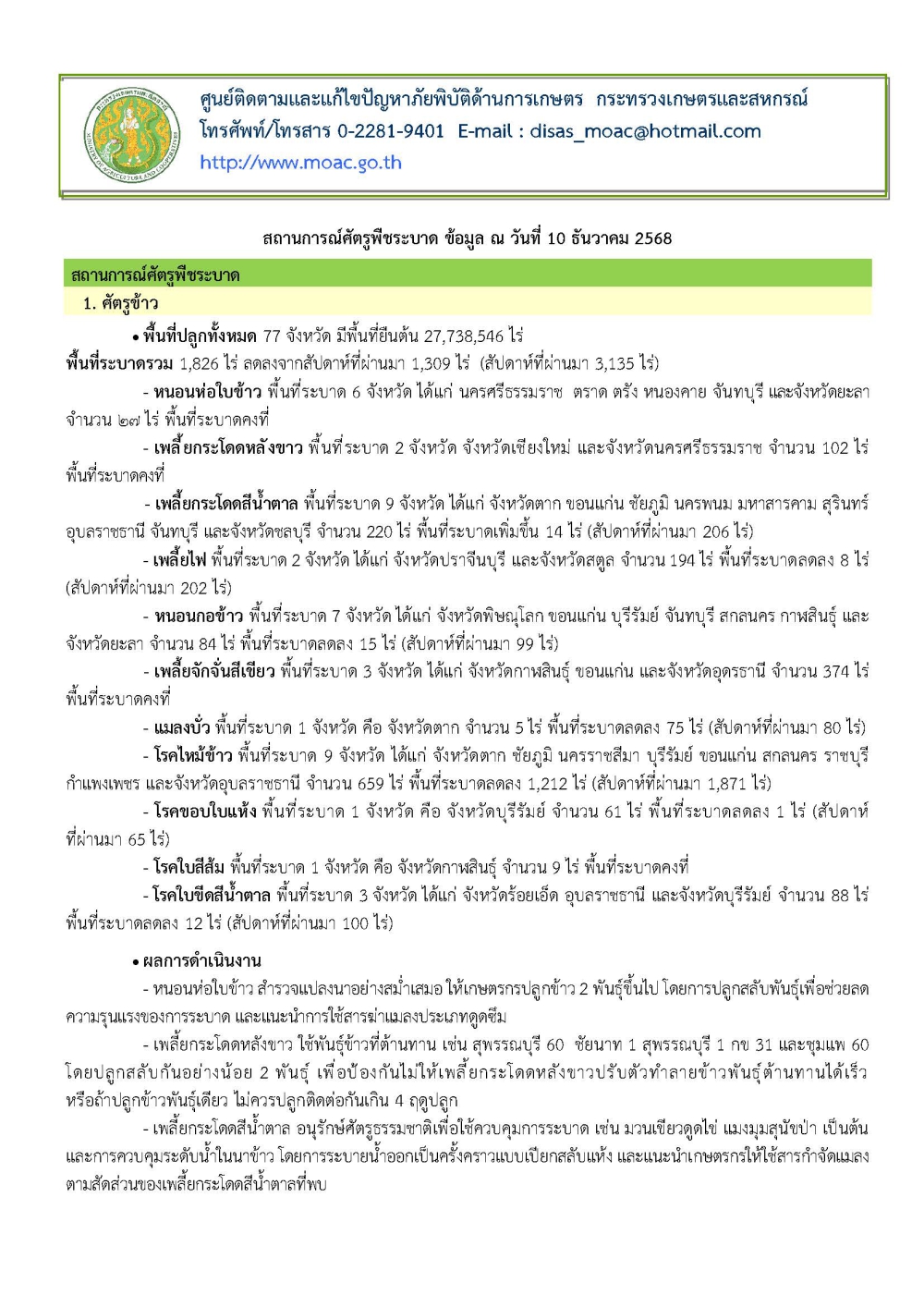 ข้อมูลพยากรณ์และเตือนการระบาดศัตรูพืช