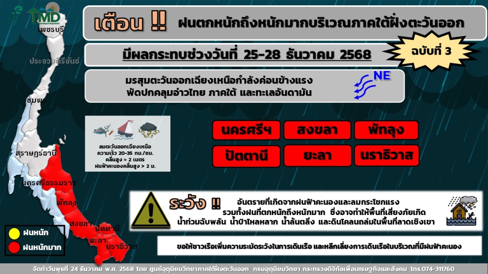 เตือน!!ฝนตกหนักถึงหนักมากบริเวณภาคใต้ฝั่งตะวันออก