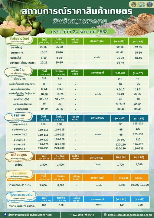 สถานการณ์ราคาสินค้าเกษตร ประจำวันที่ 24 ธันวาคม 2568