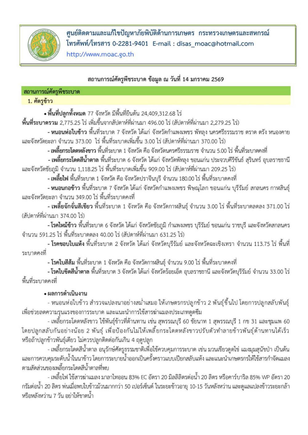 สถานการณ์ศัตรูพืชระบาด ข้อมูล ณ วันที่ 14 มกราคม 2569