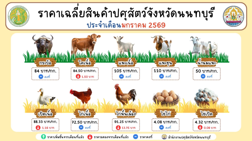 ราคาเฉลี่ยสินค้าปศุสัตว์จังหวัดนนทบุรี