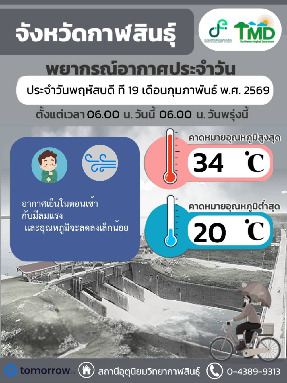 พยากรณ์อากาศจังหวัดกาฬสินธุ์ 19 กุมภาพันธ์ 2569