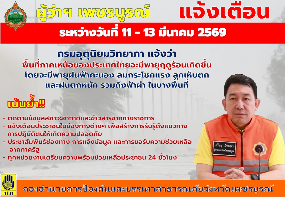 แจ้งเตือนพายุฤดูร้อน ระหว่างวันที่ 11-13 มีนาคม 2569