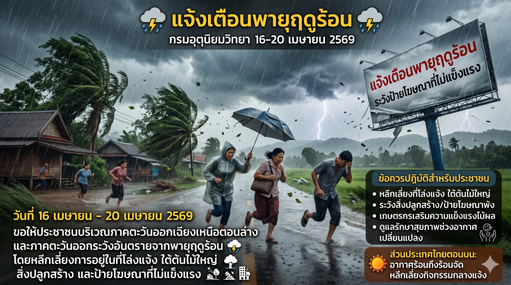 แจ้งเตือนภัย พายุฤดูร้อน วันที่ 16 -20 เมษายน 2569