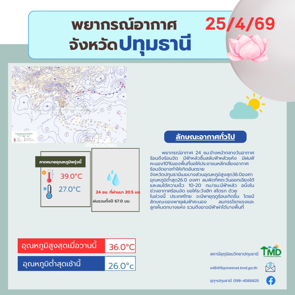 พยากรณ์อากาศจังหวัดปทุมธานี ประจำวันที่ 25 เมษายน 2569