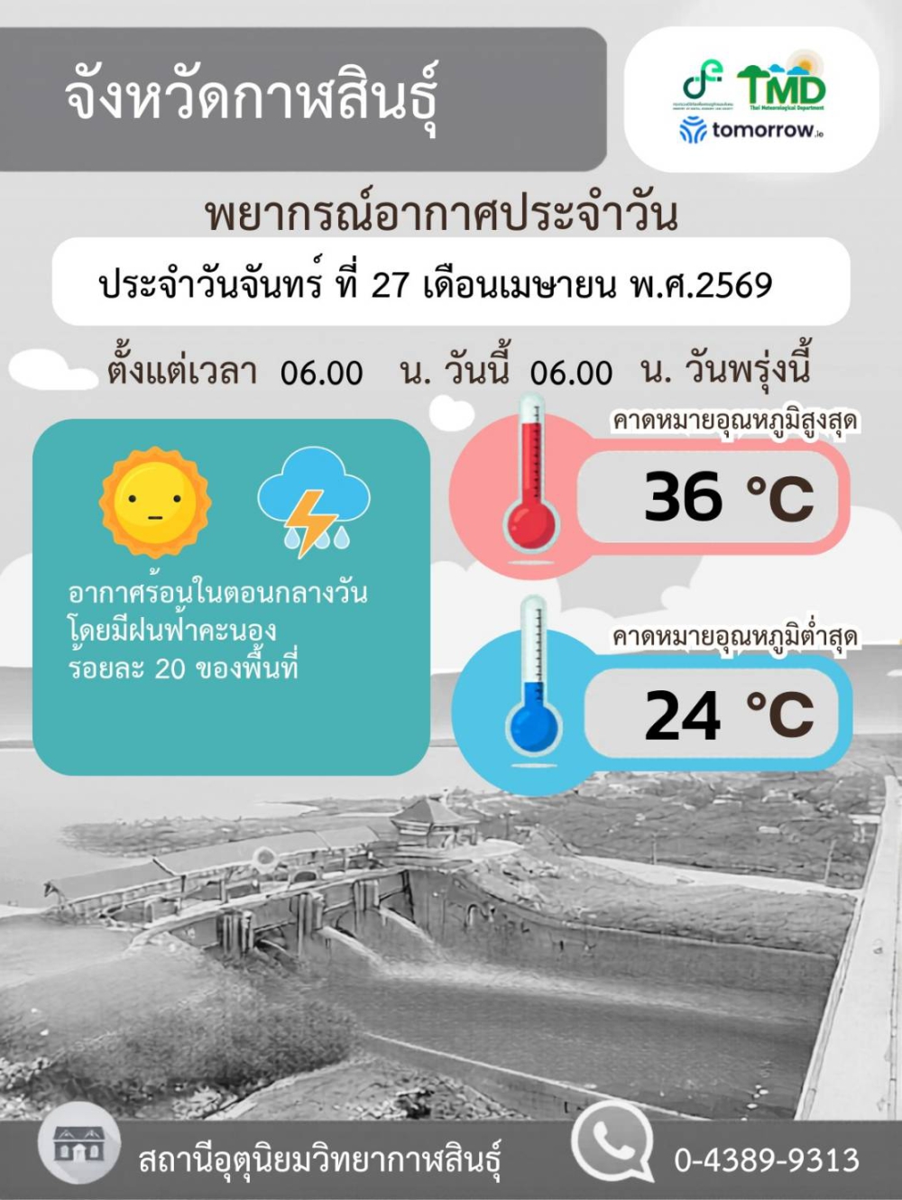 พยากรณ์อากาศจังหวัดกาฬสินธุ์ 27 เมษายน 2569