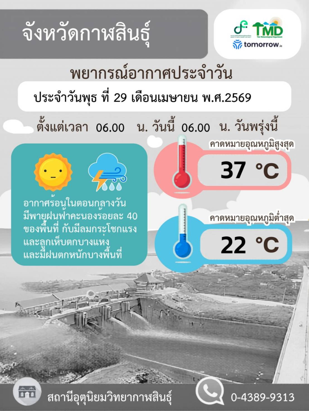 พยากรณ์อากาศจังหวัดกาฬสินธุ์ 29 เมษายน 2569