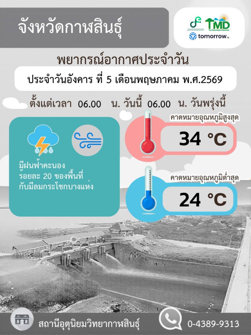 พยากรณ์อากาศจังหวัดกาฬสินธุ์ 5 พฤษภาคม 2569