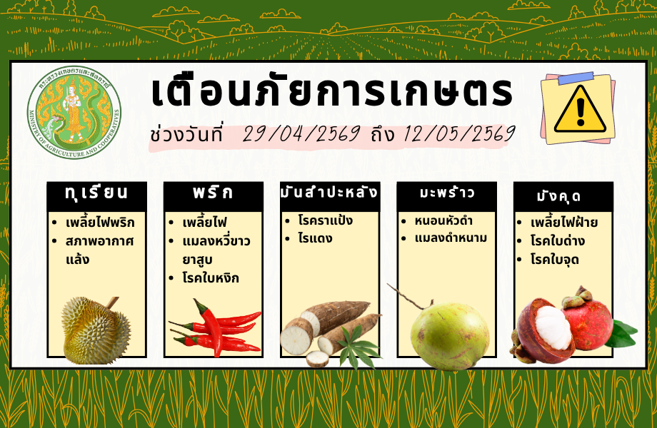 แจ้งเตือนภัยการเกษตร ช่วงวันที่ 29/04/2569 ถึง 12/05/2569