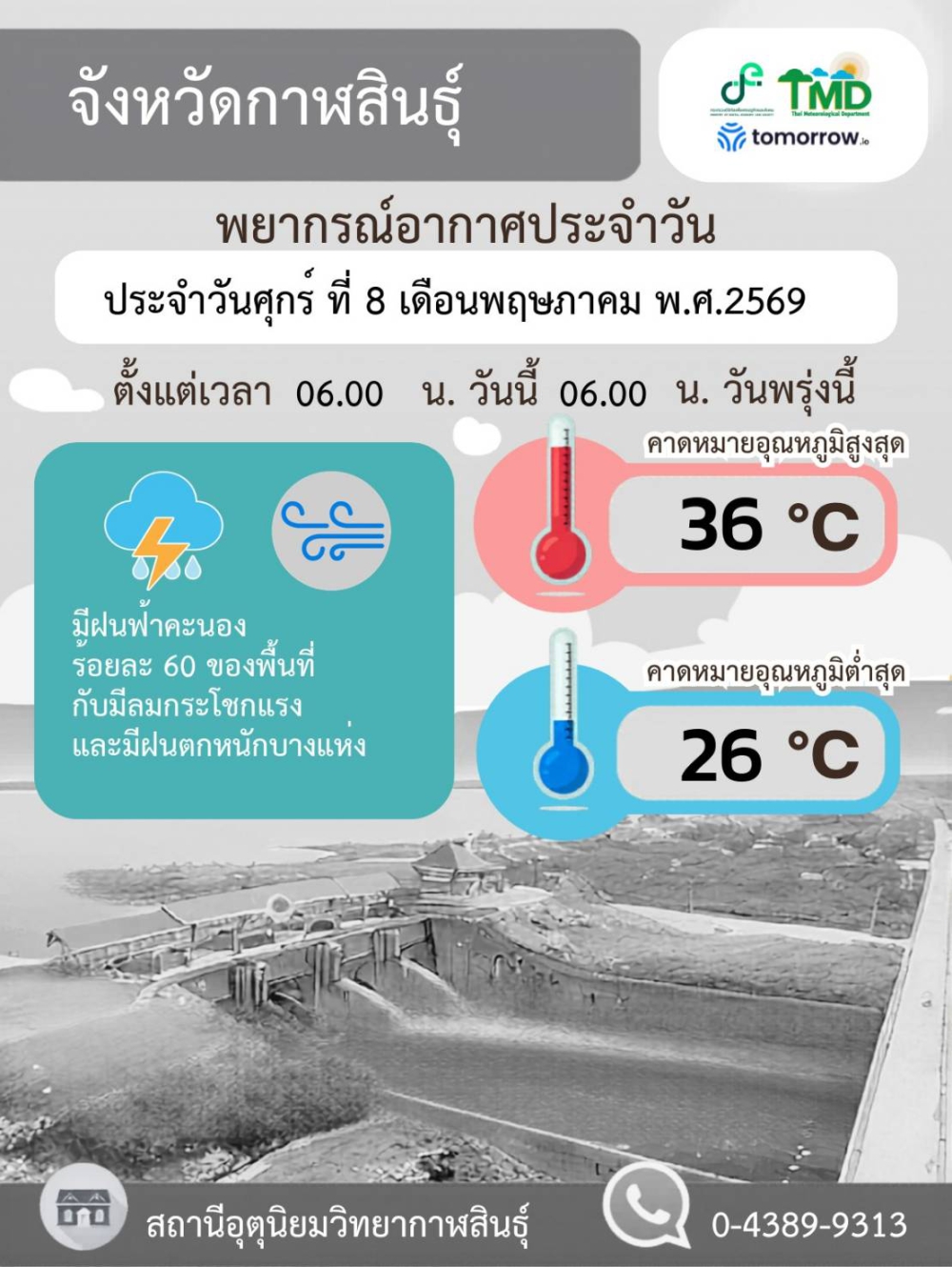 พยากรณ์อากาศจังหวัดกาฬสินธุ์ 8 พฤษภาคม 2569