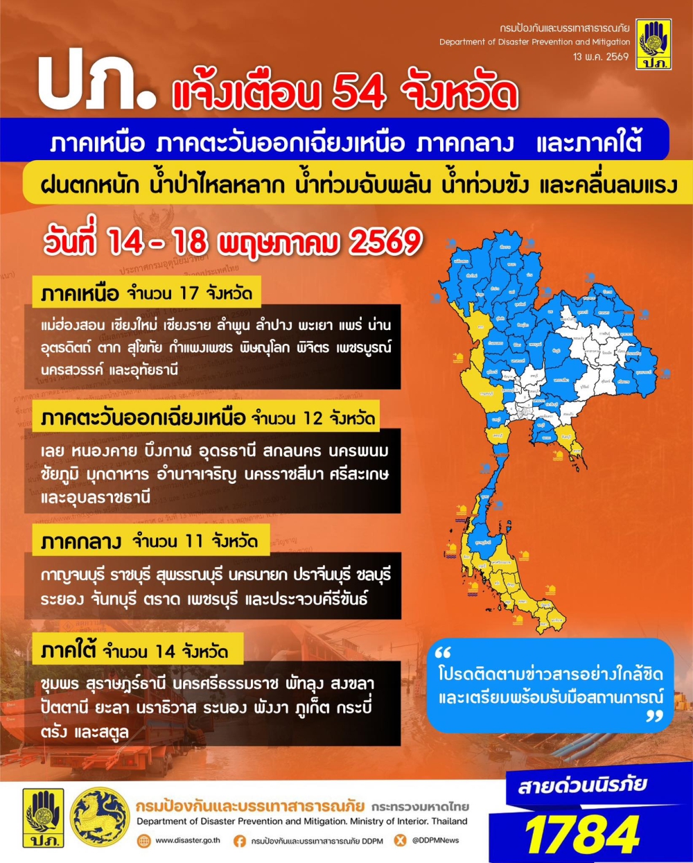 ปภ.แจ้ง54จังหวัดภาคเหนือภาคอีสานภาคกลาง