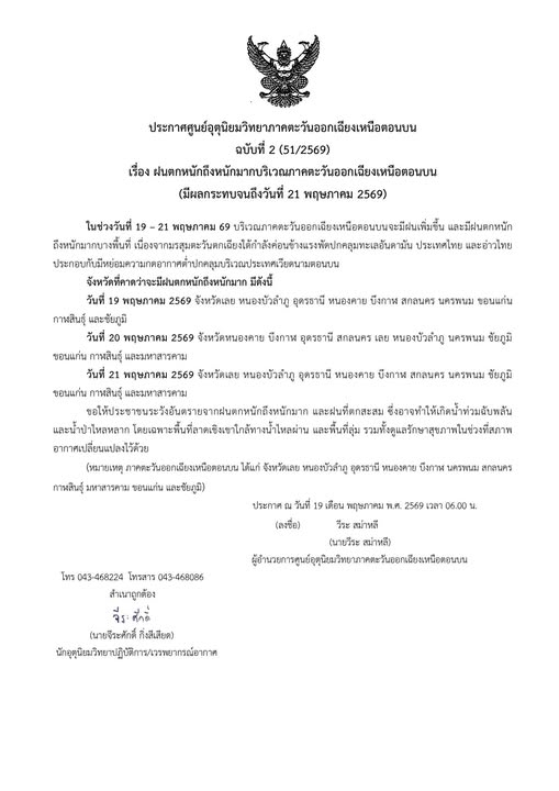ประกาศศูนย์อุตุนิยมวิทยาภาคตะวันออกเฉียงเหนือตอนบน