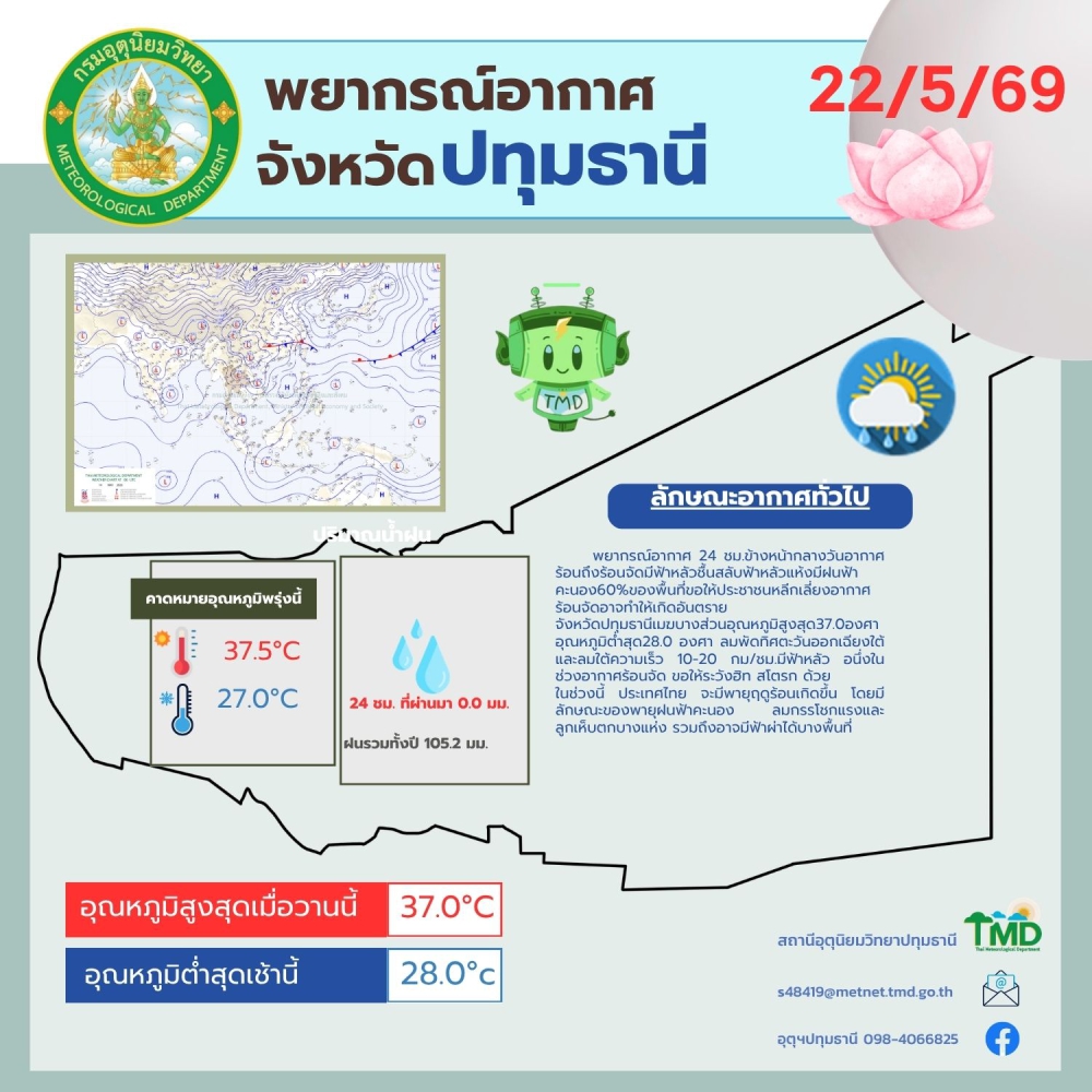 พยากรณ์อากาศจังหวัดปทุมธานี ประจำวันที่ 22 พฤษภาคม 2569