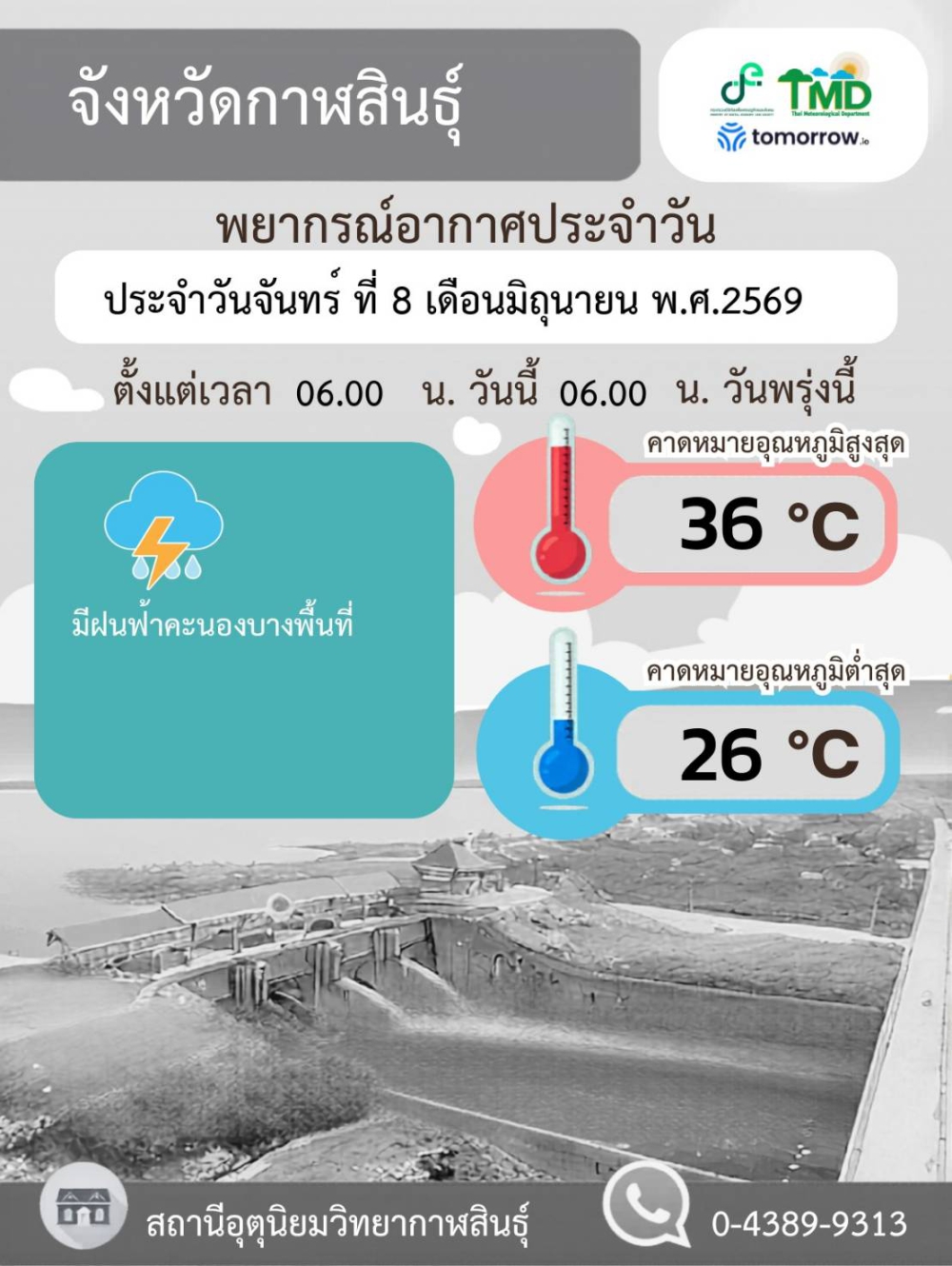 พยากรณ์อากาศจังหวัดกาฬสินธุ์ 8 มิถุนายน 2569
