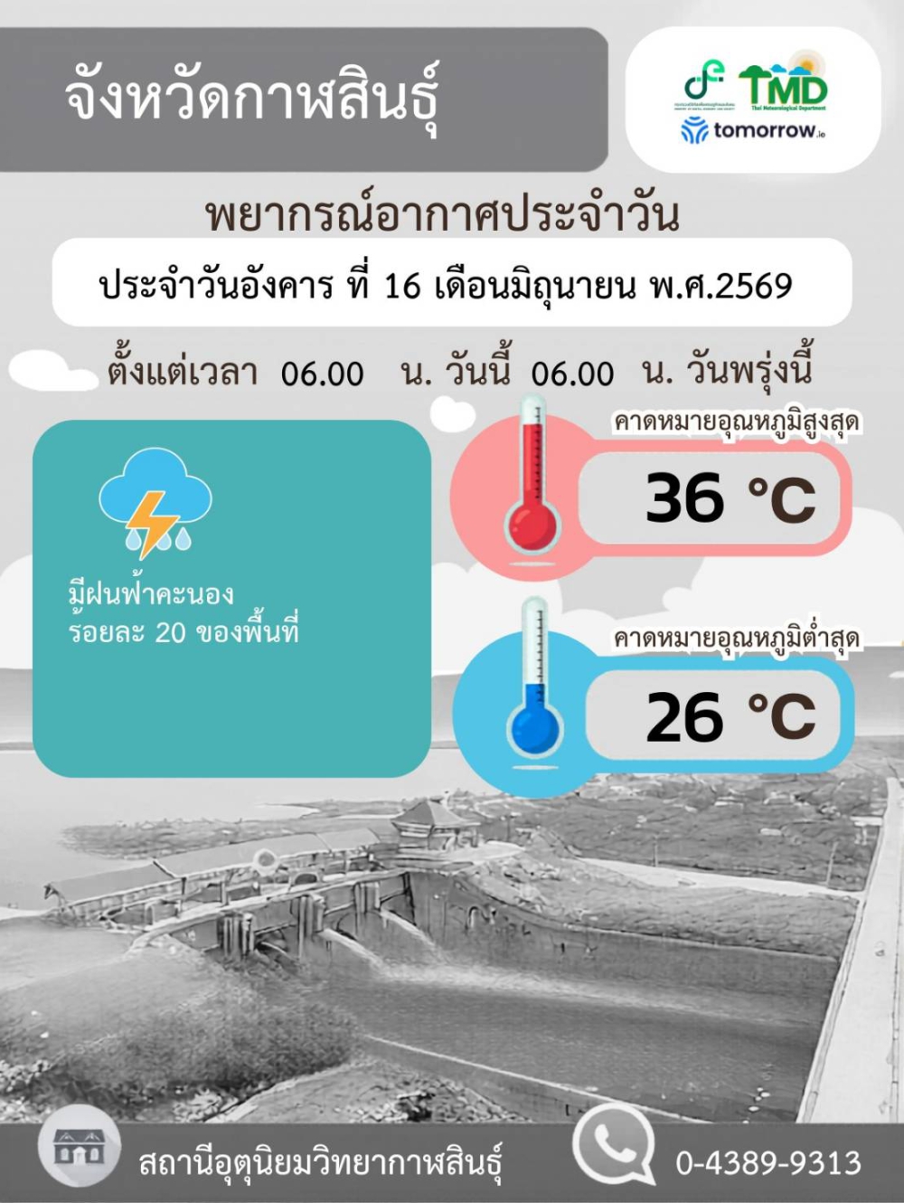 พยากรณ์อากาศจังหวัดกาฬสินธุ์ 16 มิถุนายน 2569