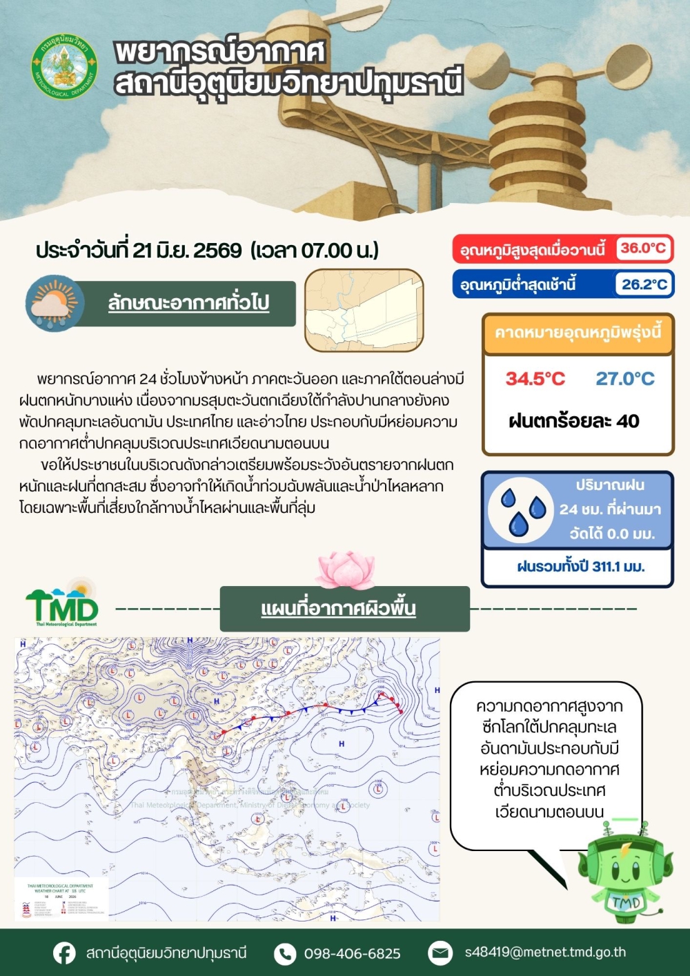 พยากรณ์อากาศจังหวัดปทุมธานี ประจำวันที่ 21 มิถุนายน 2569