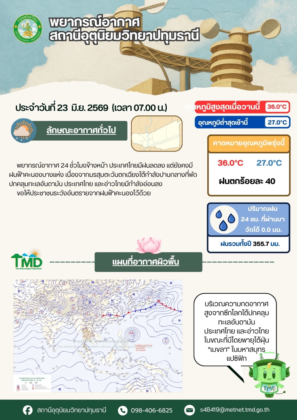 พยากรณ์อากาศจังหวัดปทุมธานี ประจำวันที่ 23 มิถุนายน 2569