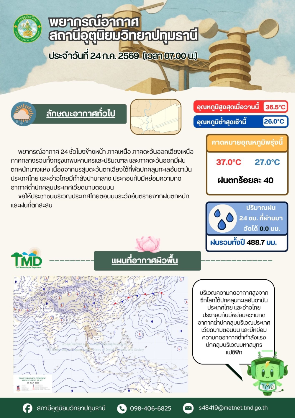 พยากรณ์อากาศจังหวัดปทุมธานี ประจำวันที่ 24 กรกฎาคม 2569