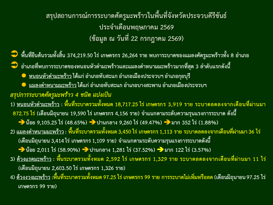 สรุปสถานการณ์การระบาดศัตรูมะพร้าวในพื้นที่จังหวัดประจวบคีรีขันธ์