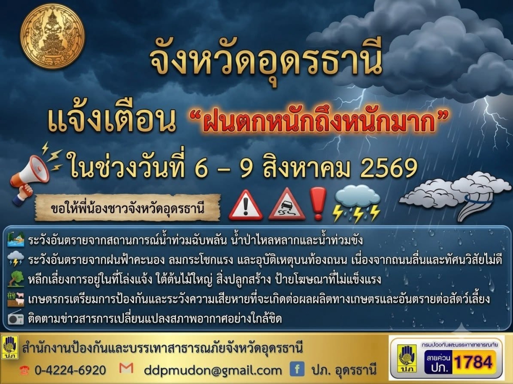จังหวัดอุดรธานีแจ้งเตือนลักษณะอากาศอันเนื่องมาจาก