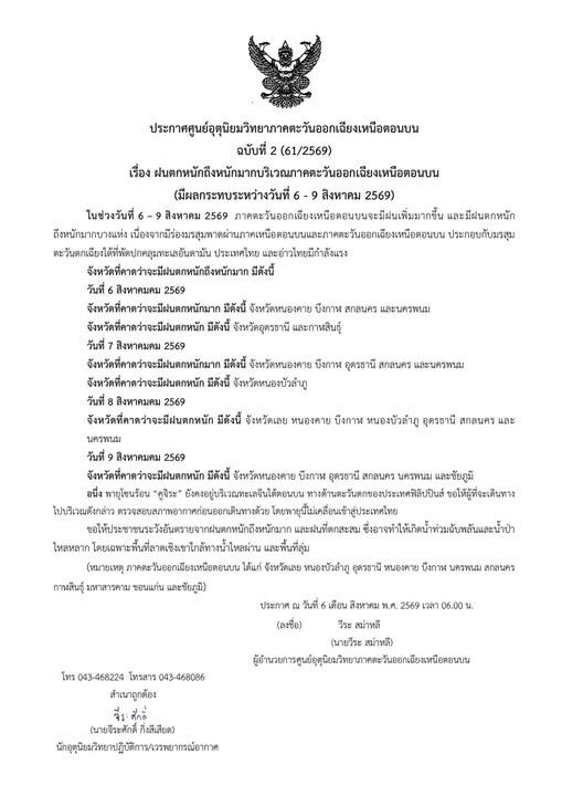 ประกาศศูนย์อุตุนิยมวิทยาภาคตะวันออกเฉียงเหนือตอนบน