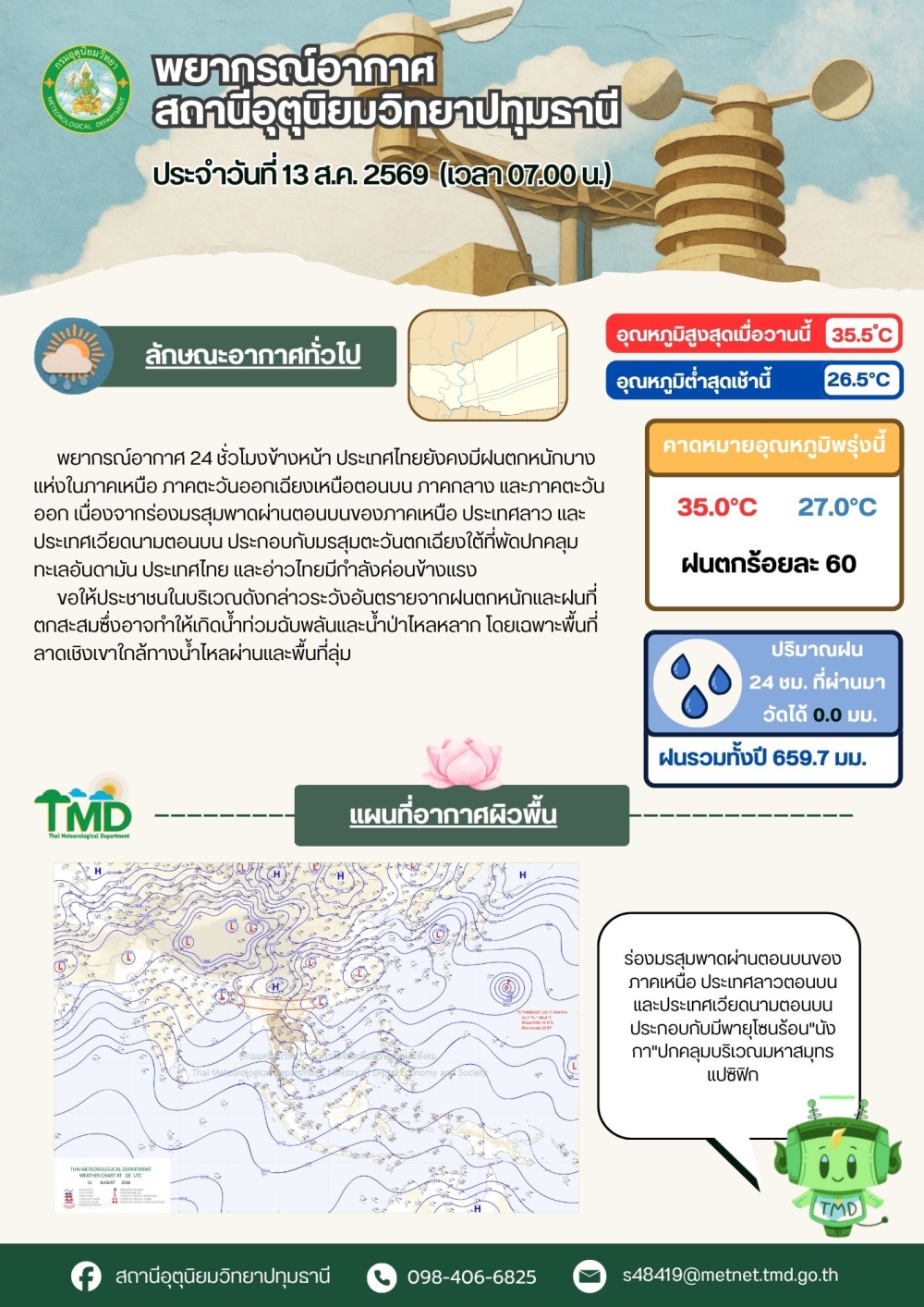 พยากรณ์อากาศจังหวัดปทุมธานี ประจำวันที่ 13 สิงหาคม 2569