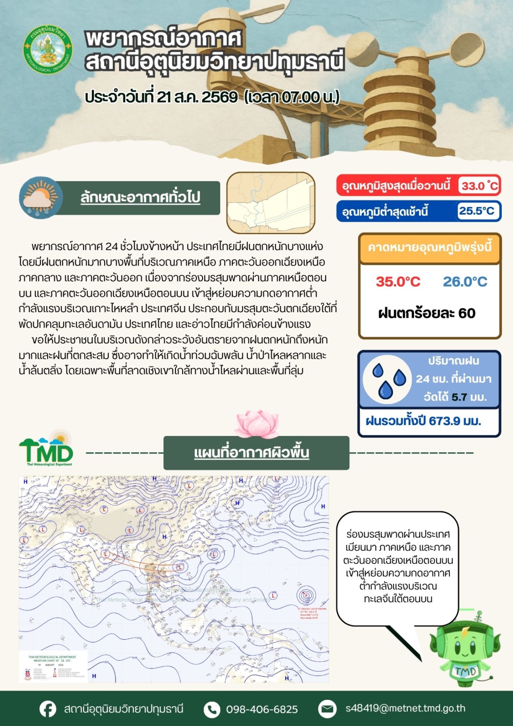 พยากรณ์อากาศจังหวัดปทุมธานี ประจำวันที่ 21 สิงหาคม 2569