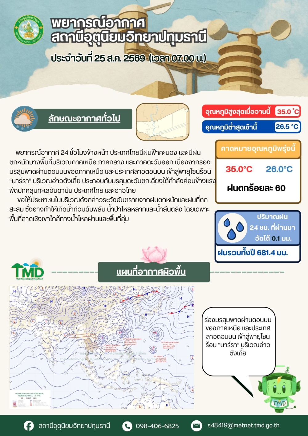 พยากรณ์อากาศจังหวัดปทุมธานี ประจำวันที่ 25 สิงหาคม 2569