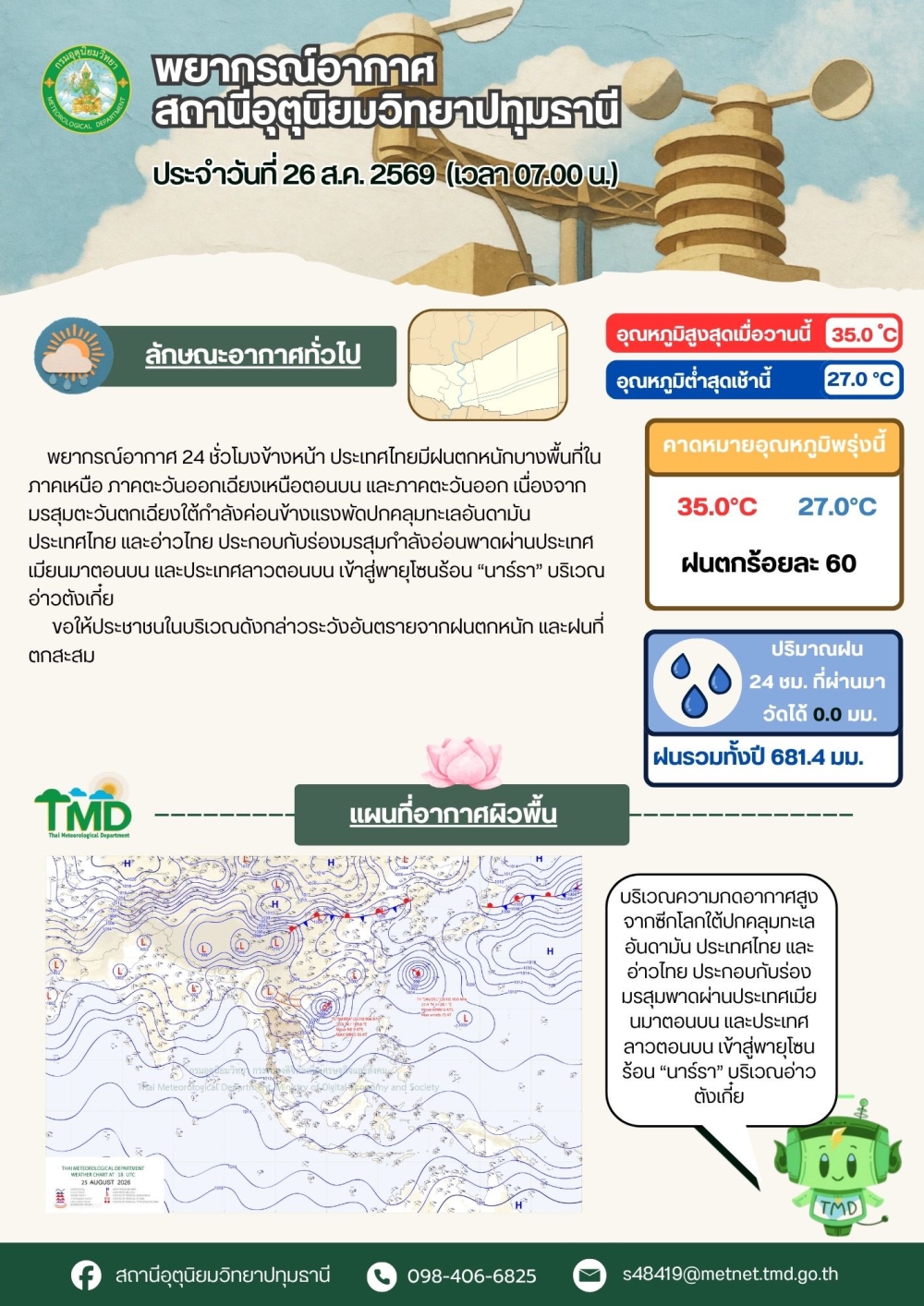 พยากรณ์อากาศจังหวัดปทุมธานี ประจำวันที่ 26 สิงหาคม 2569