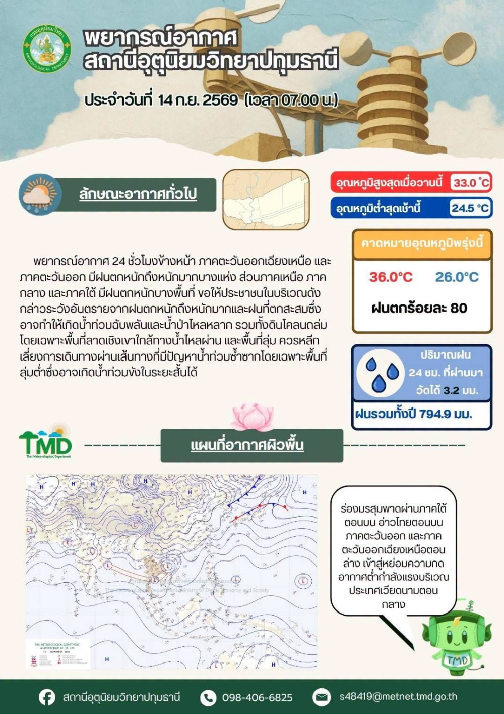 พยากรณ์อากาศจังหวัดปทุมธานี ประจำวันที่ 14 กันยายน 2569