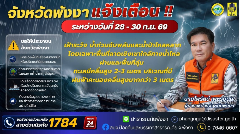 จังหวัดพังงา แจ้งเตือนระหว่างวันที่ 28 - 30 กันยายน 2569